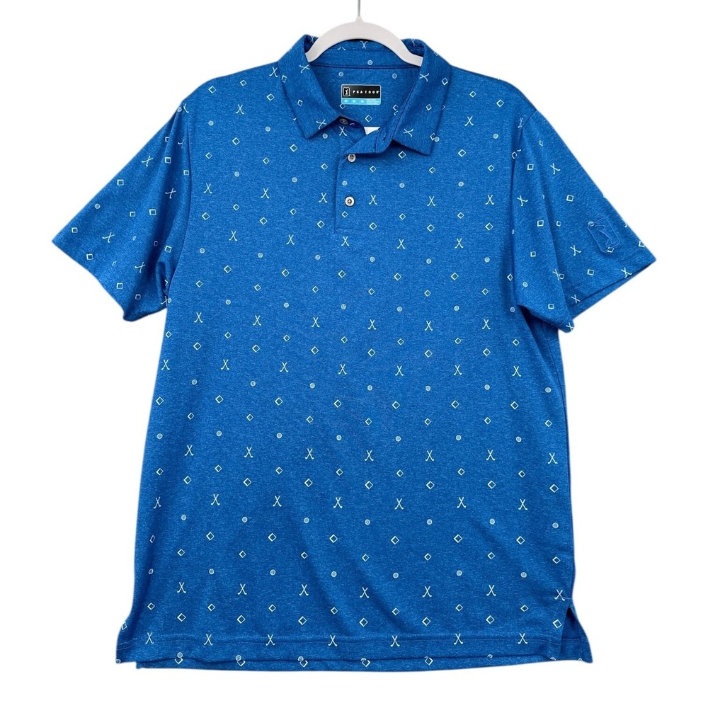 PGATOUR Mens Blue Golf Polo Shirt Short Sleeve‎ All Over Print Pattern Size M